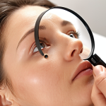 **

Close-up of a esthetician carefully examining a client's face with a magnifying glass, soft lighting, focus on skin texture and details, professional skincare setting.

**