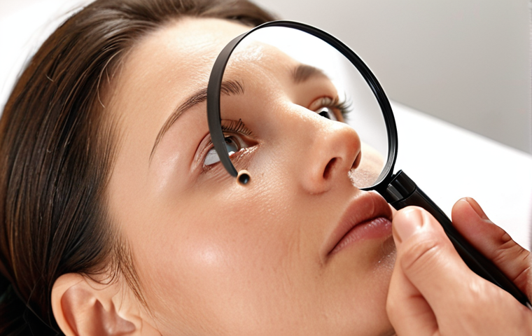 **
Close-up of a esthetician carefully examining a client's face with a magnifying glass, soft lighting, focus on skin texture and details, professional skincare setting.
**