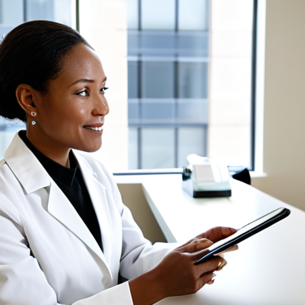 A professional female skincare consultant, mid-30s, wearing a modest, light-colored lab coat over professional business attire, is seated at a clean, contemporary consultation desk in a sunlit, modern skincare clinic. She is engaged in an empathetic, one-on-one conversation with a female client, who is also fully clothed in appropriate, modest professional dress. The consultant is gesturing gently towards a clear, educational diagram of skin layers displayed on a tablet, fostering transparent communication and trust. The background is a soft-focus professional setting. safe for work, appropriate content, fully clothed, professional, perfect anatomy, correct proportions, natural pose, well-formed hands, proper finger count, high quality professional photography.