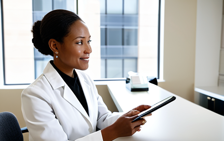 A professional female skincare consultant, mid-30s, wearing a modest, light-colored lab coat over professional business attire, is seated at a clean, contemporary consultation desk in a sunlit, modern skincare clinic. She is engaged in an empathetic, one-on-one conversation with a female client, who is also fully clothed in appropriate, modest professional dress. The consultant is gesturing gently towards a clear, educational diagram of skin layers displayed on a tablet, fostering transparent communication and trust. The background is a soft-focus professional setting. safe for work, appropriate content, fully clothed, professional, perfect anatomy, correct proportions, natural pose, well-formed hands, proper finger count, high quality professional photography.