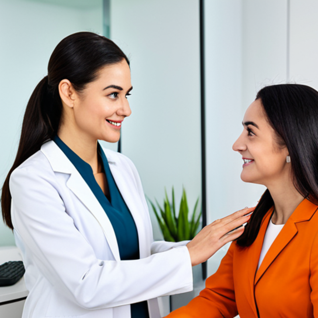 Professional Skincare Consultation**

"A dermatologist in a bright, modern office consulting with a woman about her skincare routine. The woman is well-dressed in modest, professional attire. Focus on a clean, friendly environment with skincare products displayed in the background. Perfect anatomy, correct proportions, natural pose, well-formed hands, proper finger count, natural body proportions, safe for work, appropriate content, fully clothed, professional."

**