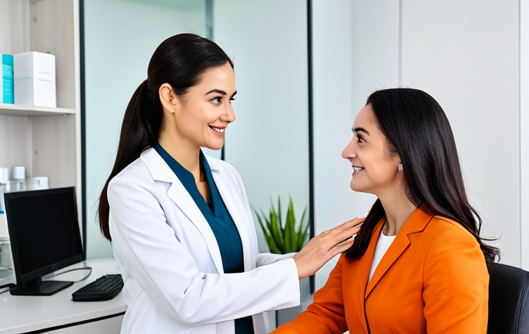 Professional Skincare Consultation**
"A dermatologist in a bright, modern office consulting with a woman about her skincare routine. The woman is well-dressed in modest, professional attire. Focus on a clean, friendly environment with skincare products displayed in the background. Perfect anatomy, correct proportions, natural pose, well-formed hands, proper finger count, natural body proportions, safe for work, appropriate content, fully clothed, professional."
**