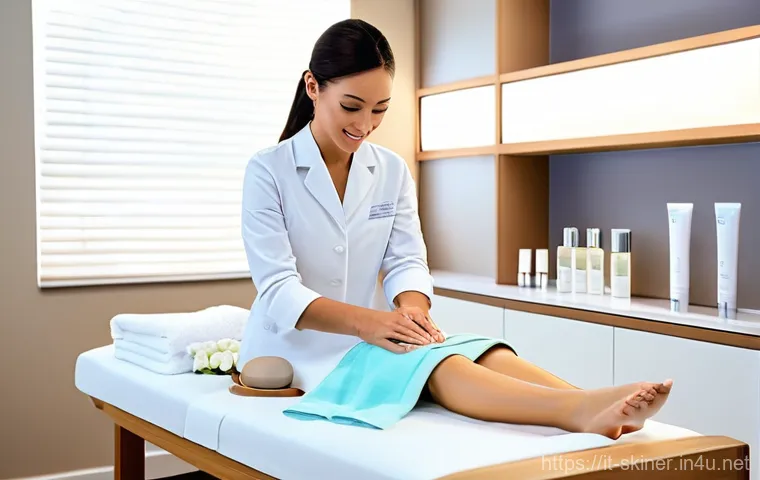 피부관리사로 창업 준비하기 - **Modern Aesthetic Clinic - Professional Treatment:** A highly skilled female aesthetician, wearing ...