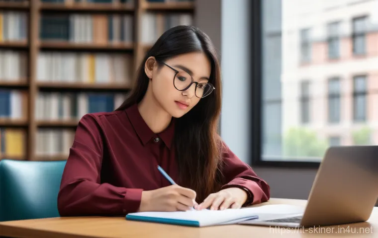 피부관리사의 자격증 과정에서 실수 피하기 - **Prompt:** A focused young woman, approximately 22-26 years old, sits at a modern, minimalist desk....