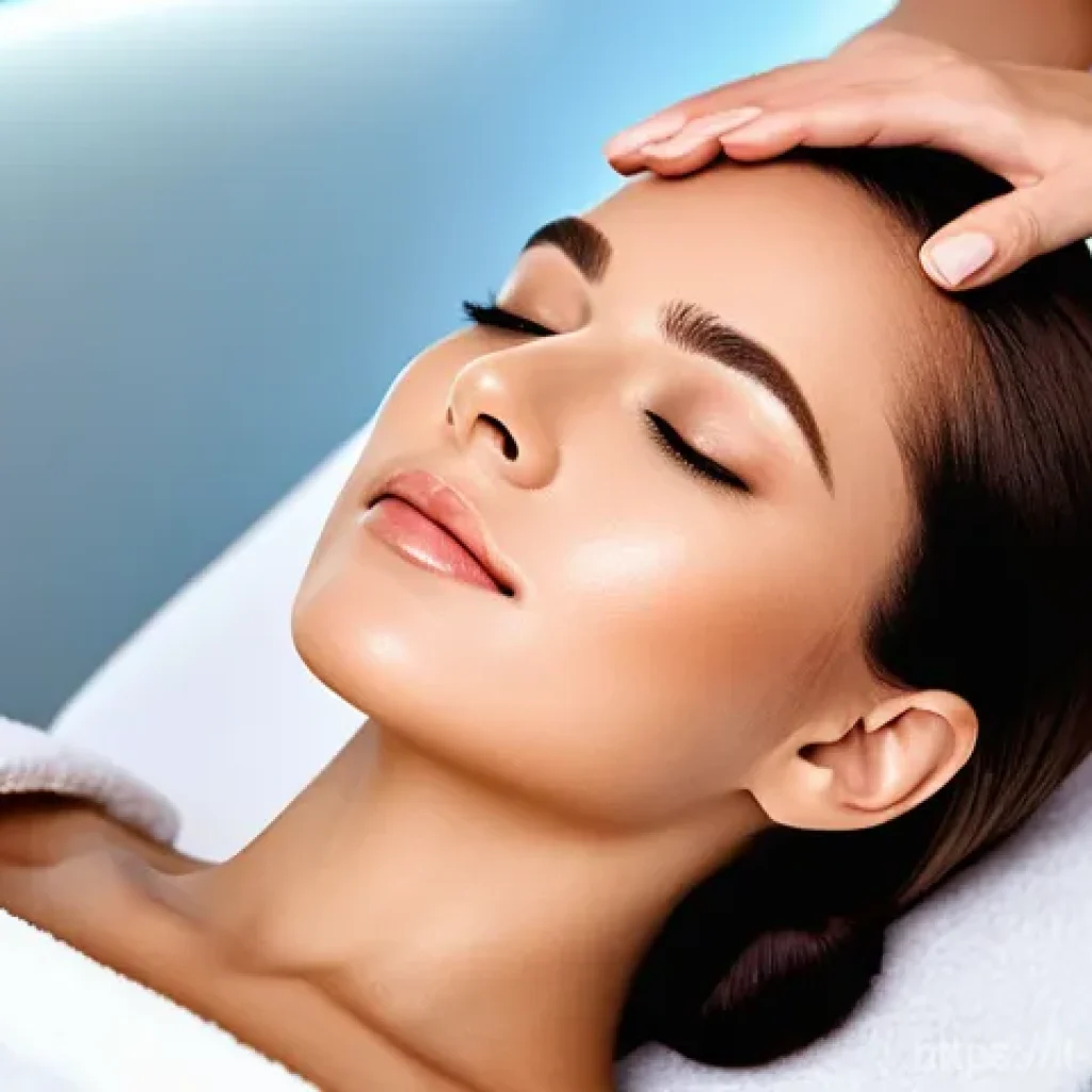 피부관리사의 미래 트렌드 전망 - A professional female aesthetician, wearing a crisp, elegant uniform, is performing a modern facial ...
