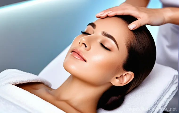 피부관리사의 미래 트렌드 전망 - A professional female aesthetician, wearing a crisp, elegant uniform, is performing a modern facial ...