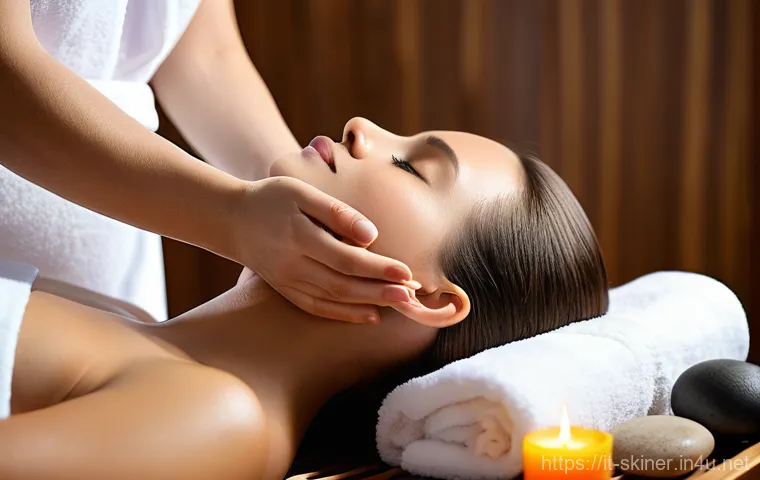 피부관리사의 미래 트렌드 전망 - A professional female aesthetician, wearing a crisp, elegant uniform, is performing a modern facial ...