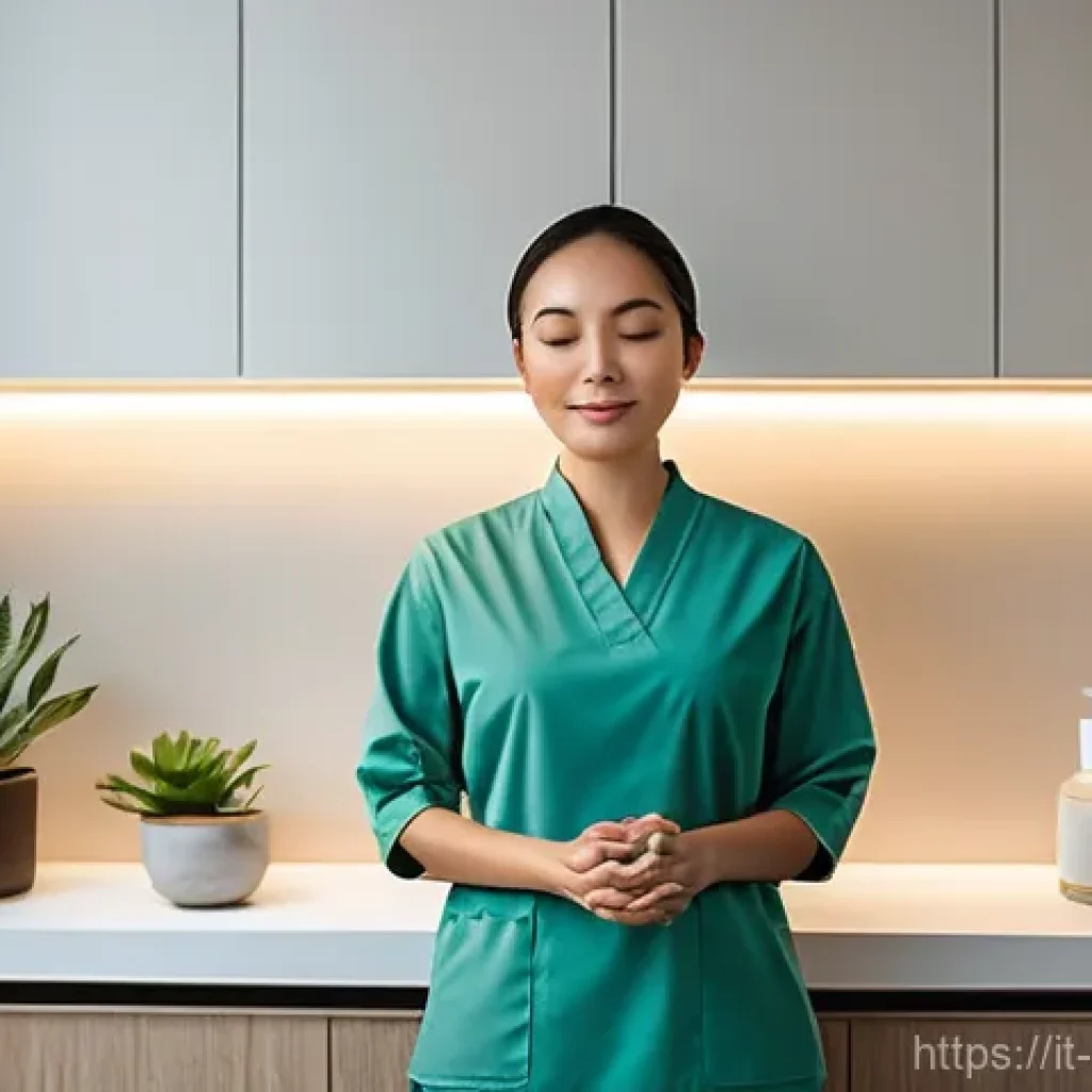 피부관리사의 직업 스트레스 관리 사례 - **Prompt 1: Serene Moment in the Treatment Room**
A young adult female aesthetician, dressed in ...
