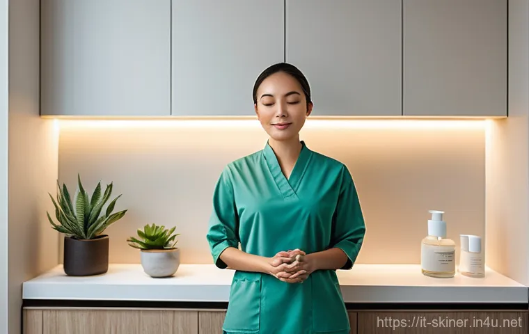 피부관리사의 직업 스트레스 관리 사례 - **Prompt 1: Serene Moment in the Treatment Room**
A young adult female aesthetician, dressed in ...
