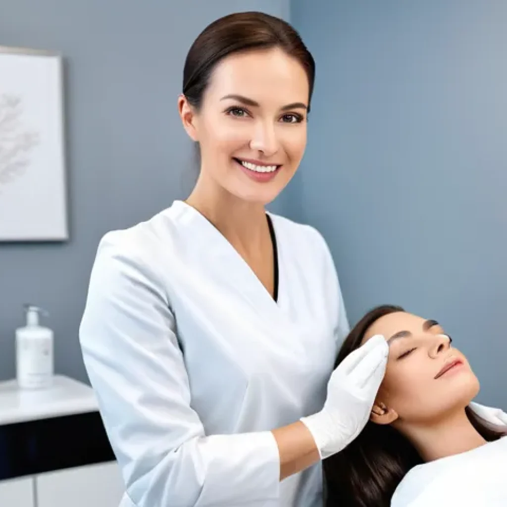 피부관리사 취업 후 교육 프로그램 - **Prompt:** A professional female aesthetician, in her mid-30s, with a confident and knowledgeable e...