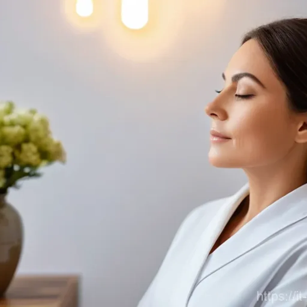 피부관리사로서의 스트레스 관리 방법 - **Prompt:** A serene and professional Italian aesthetician, around 35 years old, practicing mindful ...