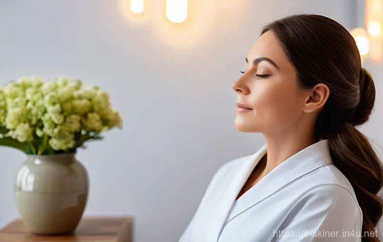 피부관리사로서의 스트레스 관리 방법 - **Prompt:** A serene and professional Italian aesthetician, around 35 years old, practicing mindful ...