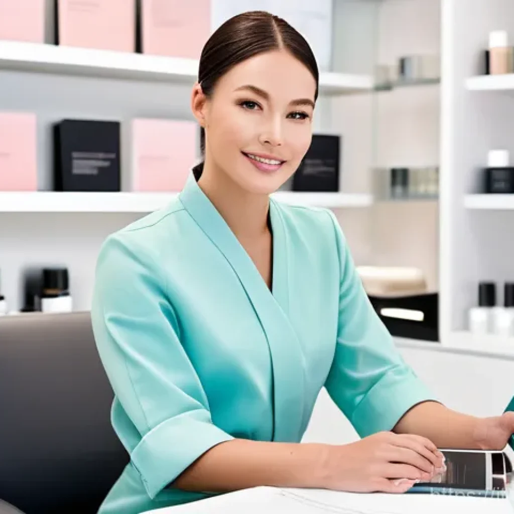 피부관리사의 도전 과제와 극복 사례 - **Professional Esthetician Engaged in Continuous Learning:**
    "A sophisticated female esthetician...