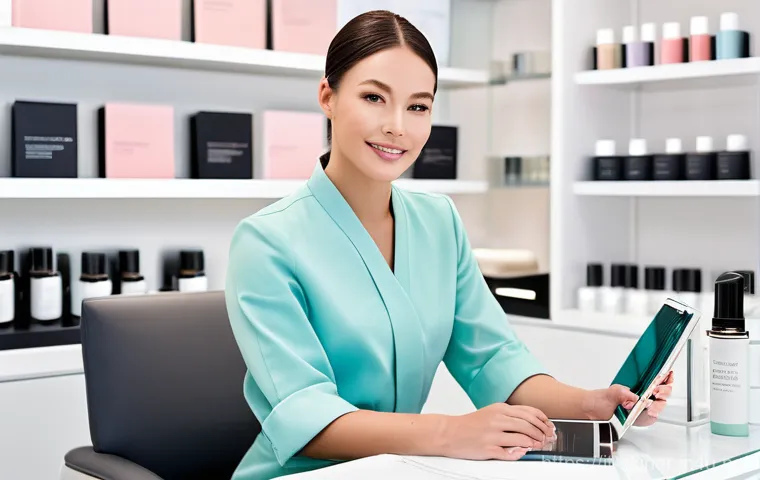 피부관리사의 도전 과제와 극복 사례 - **Professional Esthetician Engaged in Continuous Learning:**
    "A sophisticated female esthetician...