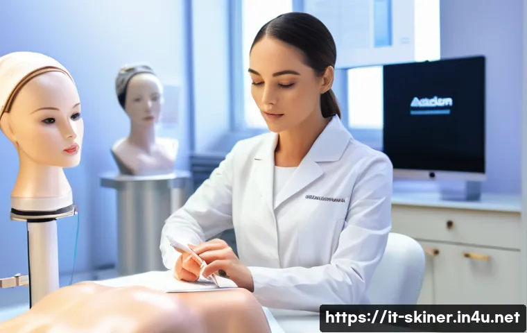피부관리사의 최신 교육 과정 정보 - **Prompt:** A dynamic, inspiring indoor shot of a female aesthetician, around 35 years old, with a p...