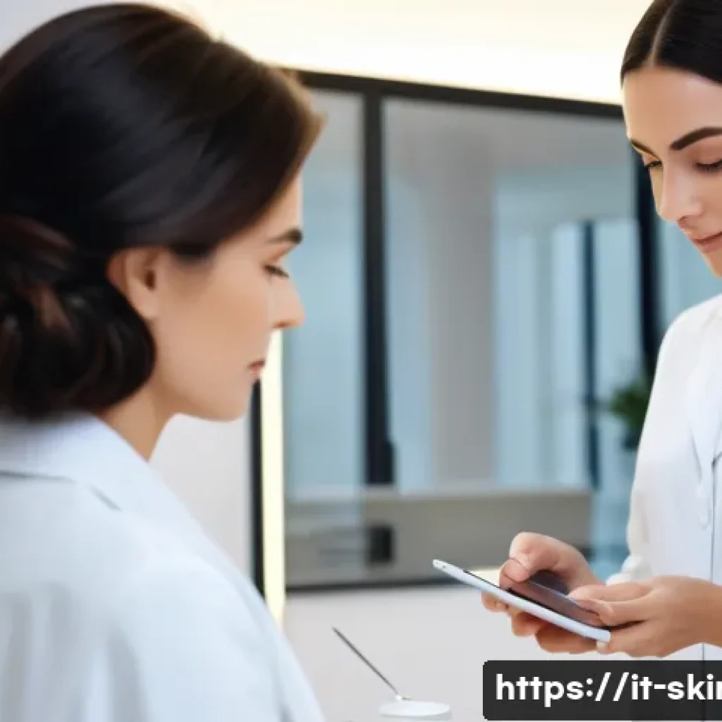 피부관리사의 경력 목표 수립 사례 - A professional skincare specialist in a modern Italian beauty clinic, attentively listening to a fem...