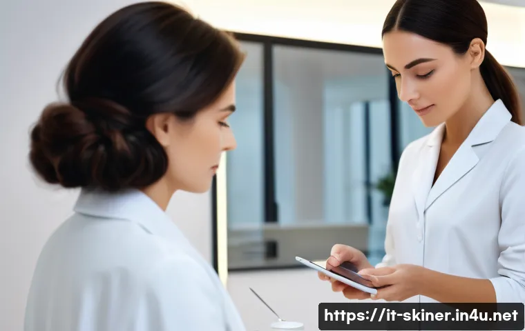 피부관리사의 경력 목표 수립 사례 - A professional skincare specialist in a modern Italian beauty clinic, attentively listening to a fem...