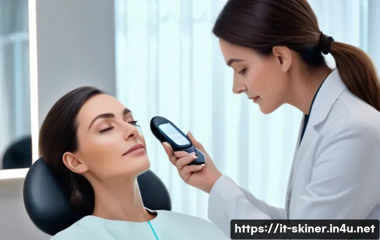 피부관리사의 필수 학습 팁 - A professional skincare consultation scene set in a modern Italian beauty salon, featuring a female ...