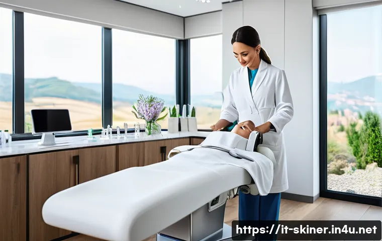 피부관리사의 최신 트렌드 활용법 - A modern skincare clinic interior in Italy featuring advanced technology devices like fractional las...