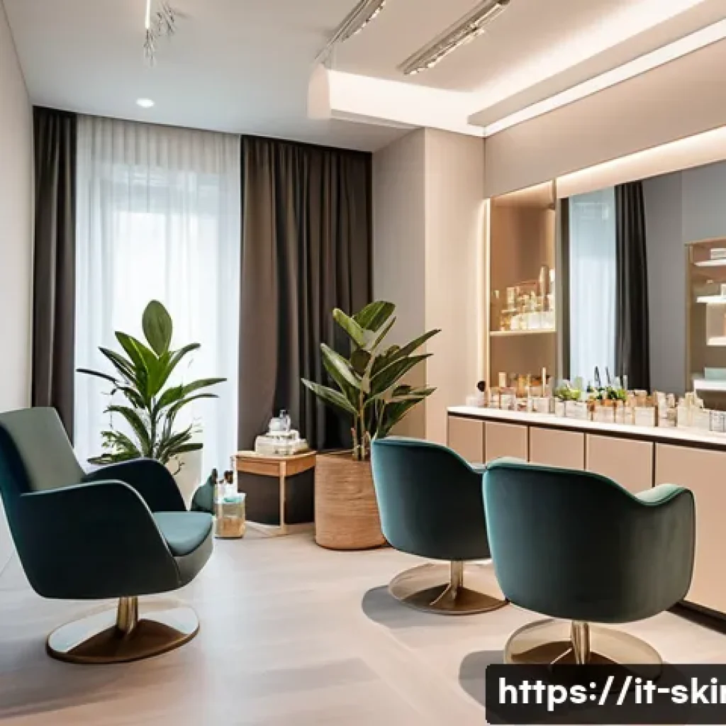 피부관리 고객 응대 실전 팁 - A warm and inviting skincare consultation room inside a modern Italian beauty center, featuring soft...