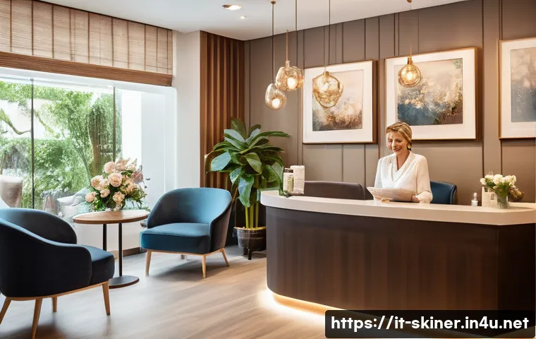 피부관리사의 고객 만족도 유지 방법 - A modern Italian beauty salon reception area with warm, soft lighting and elegant decor, featuring a...