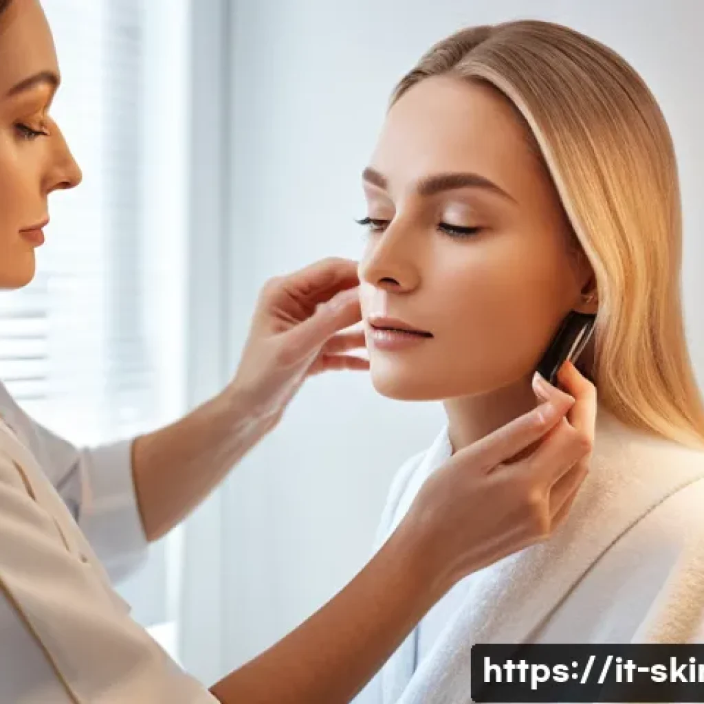피부관리사의 필수 기술 습득 사례 - A professional skincare consultation scene in a modern Italian beauty salon, featuring a skilled est...