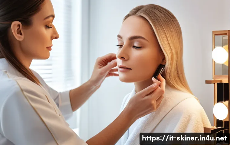 피부관리사의 필수 기술 습득 사례 - A professional skincare consultation scene in a modern Italian beauty salon, featuring a skilled est...