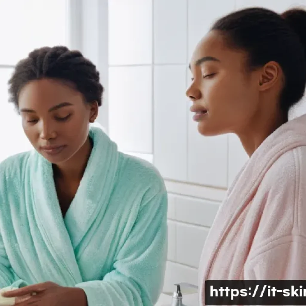 피부관리사의 스킨케어 루틴 공유 - A serene bathroom scene featuring four diverse women representing different skin types—dry, oily, co...