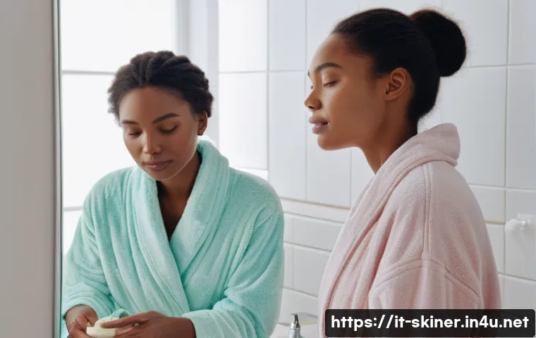 피부관리사의 스킨케어 루틴 공유 - A serene bathroom scene featuring four diverse women representing different skin types—dry, oily, co...