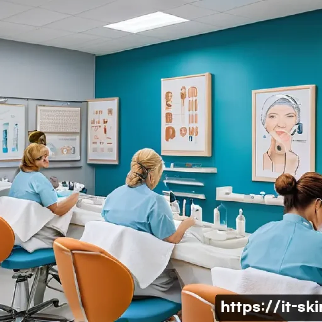 피부관리사 글로벌 자격증 종류 - A modern beauty school classroom scene featuring diverse adult students attentively learning skincar...