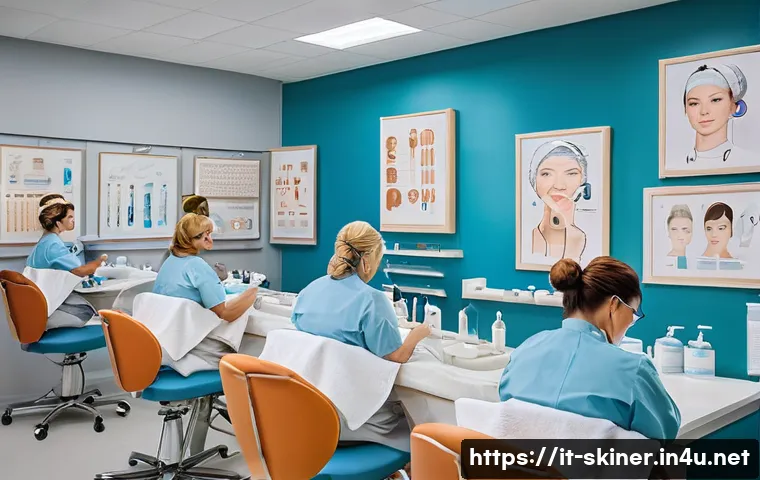 피부관리사 글로벌 자격증 종류 - A modern beauty school classroom scene featuring diverse adult students attentively learning skincar...