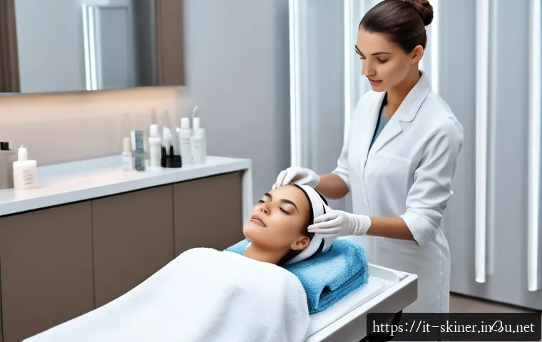 피부관리사 실기 시험 꿀팁 - A calm and focused young female esthetician in a bright, clean beauty salon, wearing professional bu...