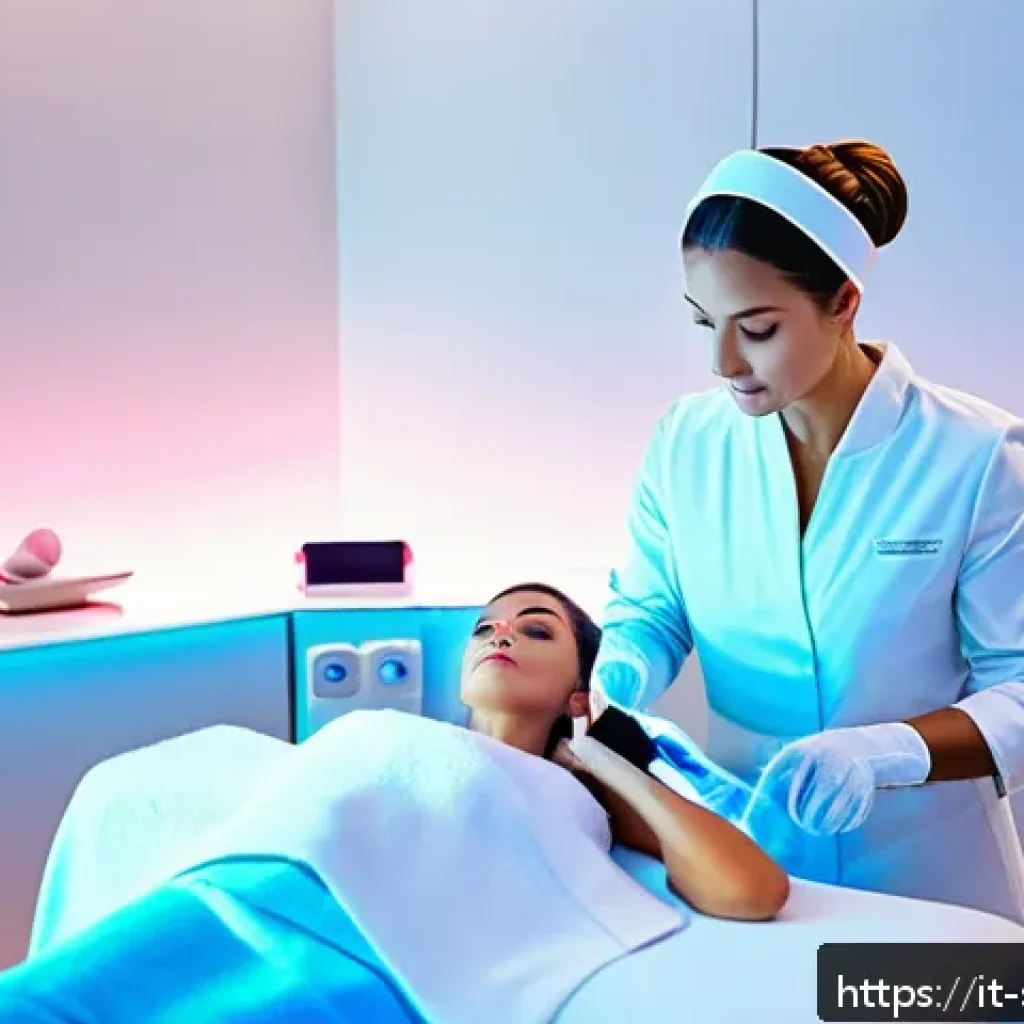피부관리사의 최신 장비 체험기 - A modern professional skincare clinic interior featuring sleek LED light therapy devices emitting re...