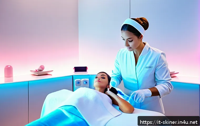 피부관리사의 최신 장비 체험기 - A modern professional skincare clinic interior featuring sleek LED light therapy devices emitting re...