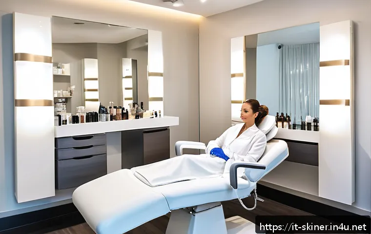 피부관리사의 직업적 성장 경로 - A modern Italian beauty salon interior with a professional female esthetician wearing stylish, modes...